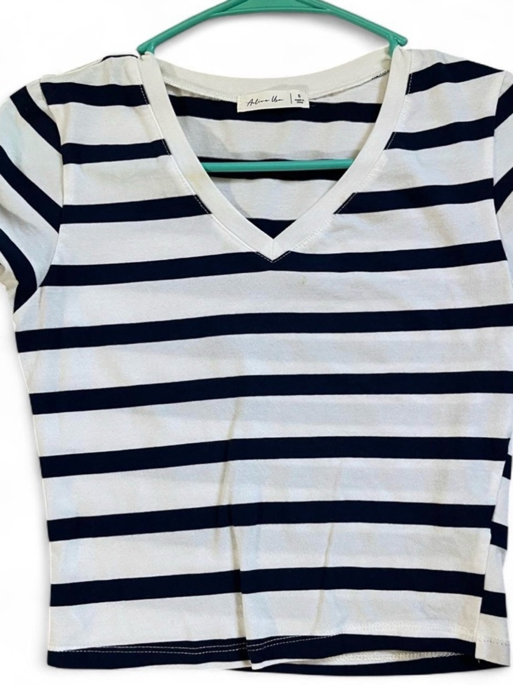 Active USA Women's Short Sleeve V-Neck Navy and White Striped Tee